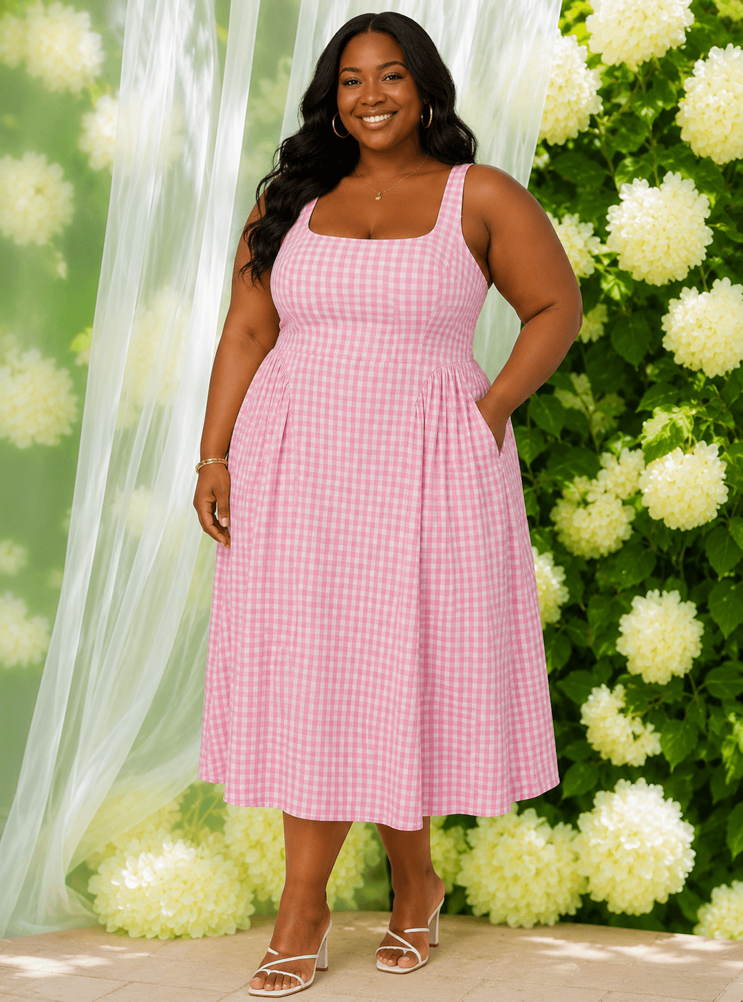Pink Gingham Midi Dress view 2